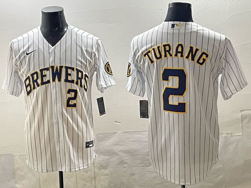 Men 2025 Milwaukee Brewers #2 Turang White Stripe 2025 Nike MLB Jersey 015->milwaukee brewers->MLB Jersey